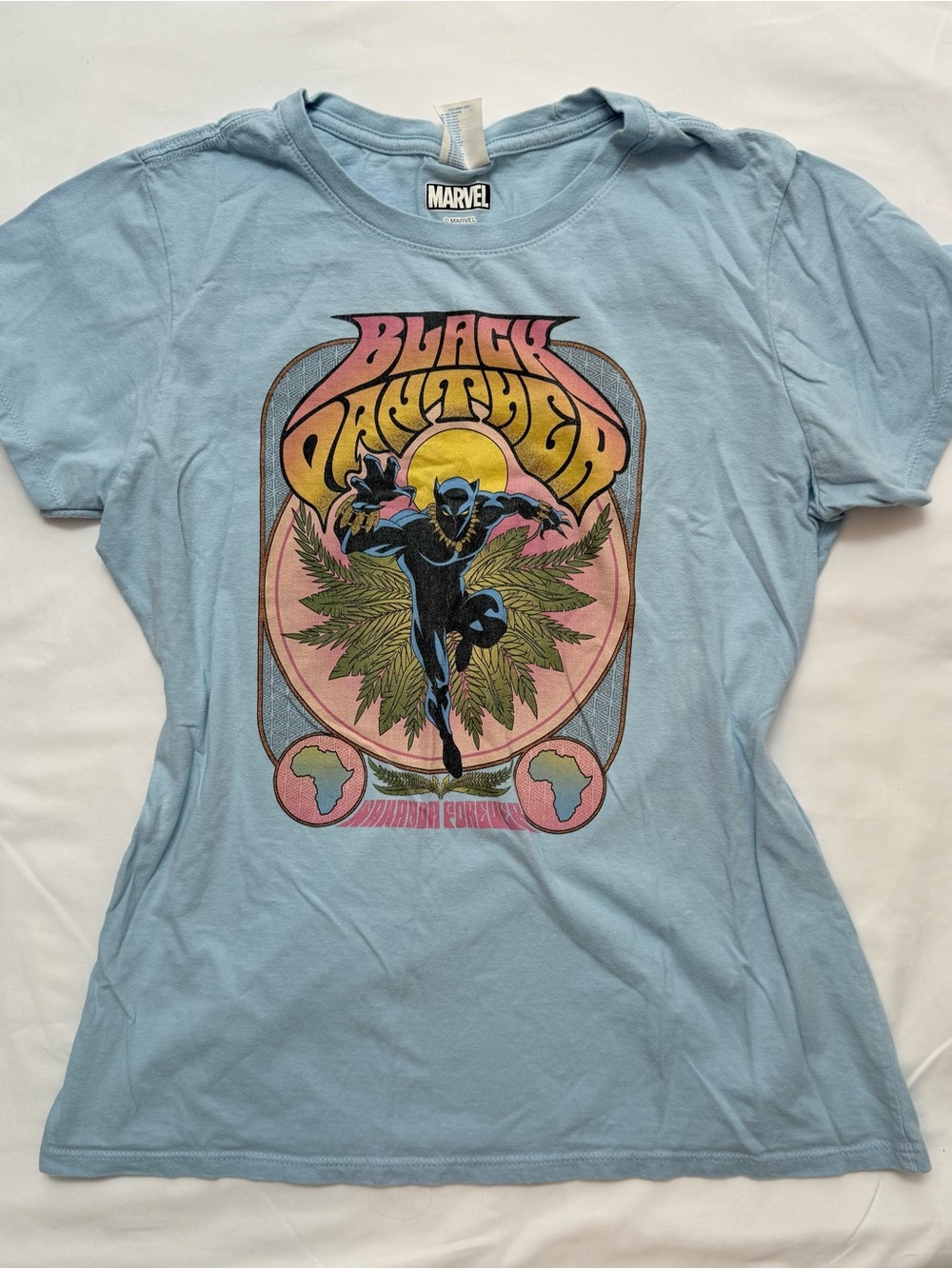 Marvel Black Panther Retro Graphic Tee - Light Blue with Pink & Yellow Art